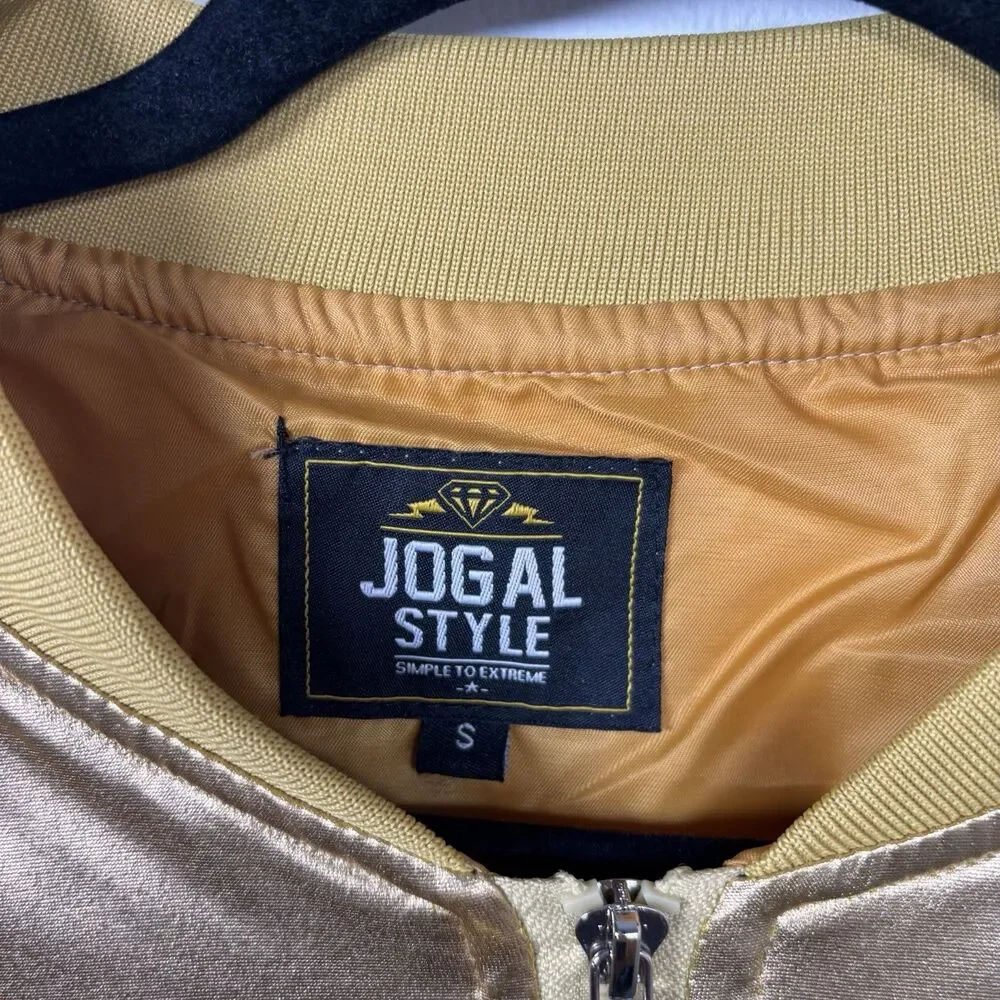 JOGAL Style S Metallic Gold Bomber Jacket Y2K Shiny Zip Up Streetwear